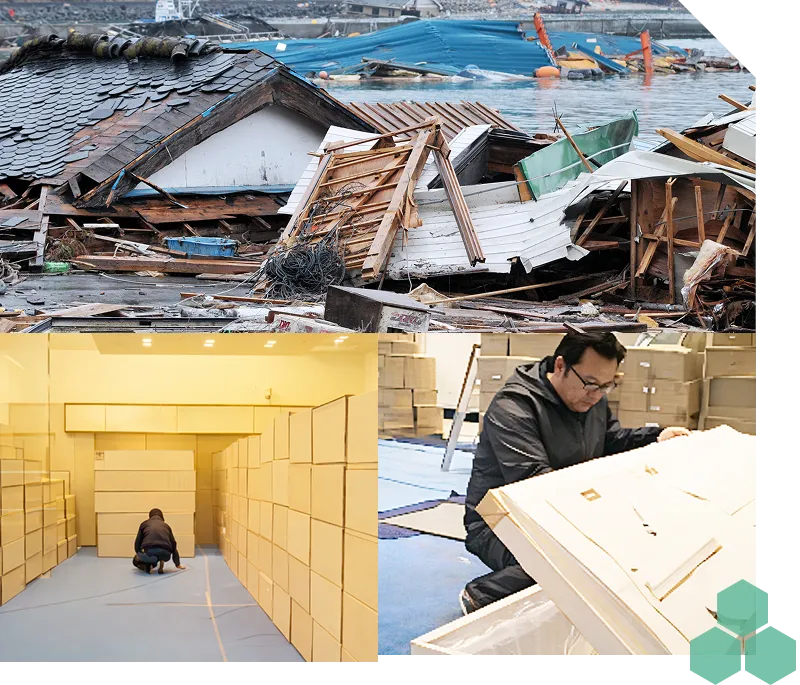 被災地の様子や棺の用意をするスタッフの写真